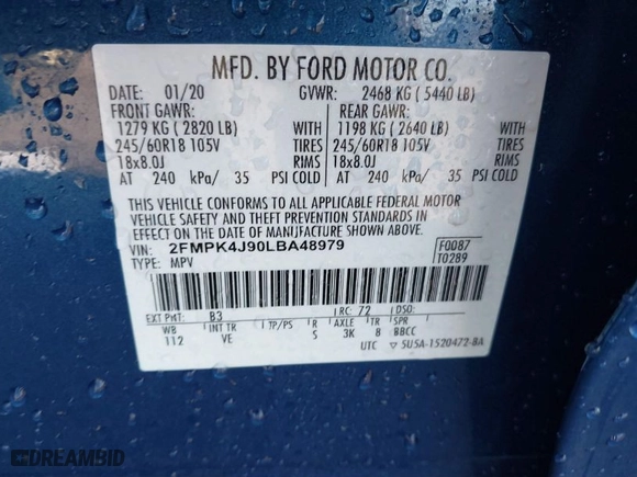 2020 Ford Edge SEL with VIN 2FMPK4J90LBA48979, listed as a IAAI auction lot 41372586 with 36,978 mi miles. Bid and sale history available at carsss.com. Image 9.