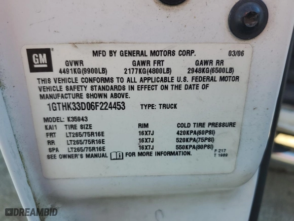 2006 GMC Sierra 3500 SRW SLE2 with VIN 1GTHK33D06F224453, listed as a Copart auction lot 85389974 with NaN miles and Salvage Title. Bid and sale history available at carsss.com. Image 14.