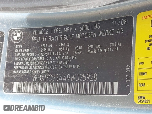 2009 BMW X3 xDrive30i with VIN WBXPC93449WJ25928, listed as a IAAI auction lot 41721787 with 102,570 mi miles. Bid and sale history available at carsss.com. Image 9.