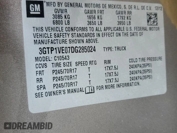 2013 GMC Sierra 1500 SLE with VIN 3GTP1VE07DG285024, listed as a Copart auction lot 48329945 with 146,459 mi miles and Salvage title. Bid and sale history available at DreamBid. Image 14.