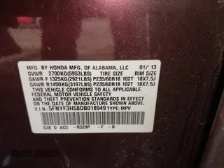 2013 Honda Pilot EX-L z VIN 5FNYF3H58DB018949, wystawiony jako IAAI lot #42244686 z przebiegiem Nie podano mil oraz . Historia ofert i sprzedaży dostępna na DreamBid. Obrazek 9.