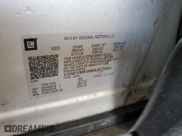 2021 Chevrolet Traverse LT Cloth with VIN 1GNEVMKW6MJ175991, listed as a Copart auction lot 62769845 with 434,307 mi miles and Clean title. Bid and sale history available at DreamBid. Image 13.