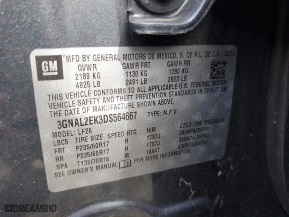 2013 Chevrolet Captiva Sport Fleet LS with VIN 3GNAL2EK3DS564667, listed as a Copart auction lot 49288525 with 156,564 mi miles and Clean Title. Bid and sale history available at carsss.com. Image 12.