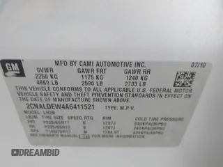 2010 Chevrolet Equinox LT w/1LT with VIN 2CNALDEW4A6411521, listed as a IAAI auction lot 40063590 with 111,241 mi miles. Bid and sale history available at carsss.com. Image 9.