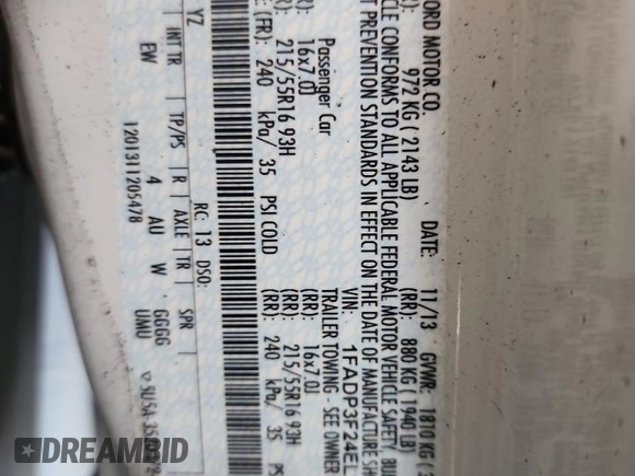 2014 Ford Focus SE with VIN 1FADP3F24EL221250, listed as a Copart auction lot 52379245 with 52,883 mi miles and Salvage Title. Bid and sale history available at DreamBid. Image 12.