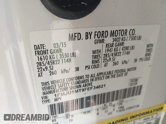 2015 Ford Expedition Platinum with VIN 1FMJU1MT9FEF34821, listed as a IAAI auction lot 41858834 with 61,796 mi miles and . Bid and sale history available at DreamBid. Image 9.