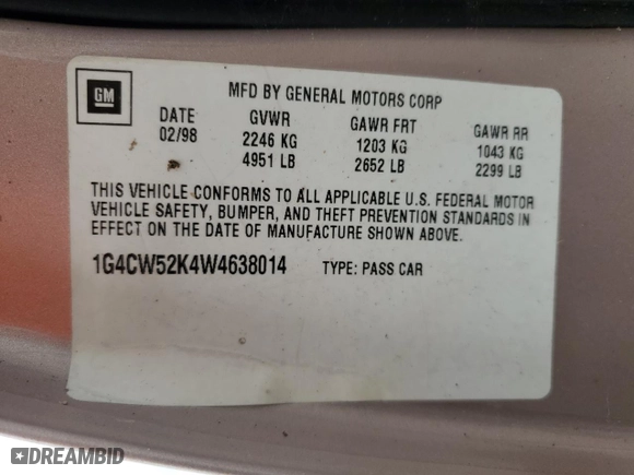 1998 Buick Park Avenue with VIN 1G4CW52K4W4638014, listed as a Copart auction lot 53227305 with 110,321 mi miles and Non Repairable. Bid and sale history available at carsss.com. Image 13.