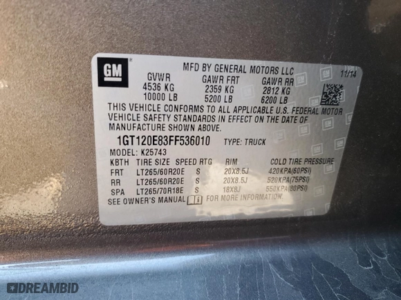 2015 GMC Sierra 2500HD available WiFi Denali with VIN 1GT120E83FF536010, listed as a Copart auction lot 81041584 with 57,811 mi miles and Salvage Title. Bid and sale history available at carsss.com. Image 12.