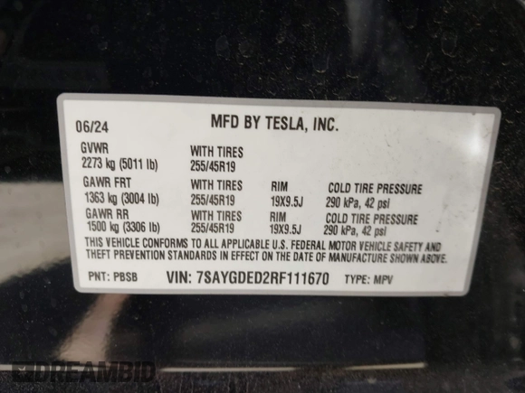 2024 Tesla Model Y с VIN 7SAYGDED2RF111670, выставлен на аукционе IAAI как лот 42321121 с пробегом 13 806 миль миль и . История ставок и продаж доступна на DreamBid. Изображение 9.