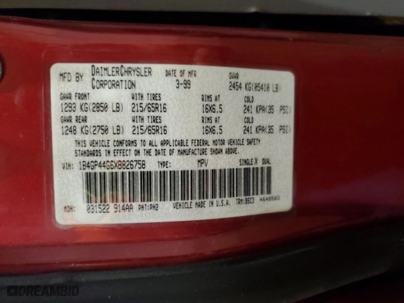 1999 Dodge Caravan SE with VIN 1B4GP44G6XB826758, listed as a Copart auction lot 42498935 with 195,200 mi miles and Salvage Title. Bid and sale history available at carsss.com. Image 12.