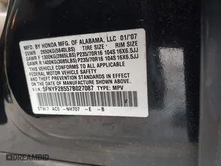 2007 Honda Pilot EX-L with VIN 5FNYF28557B027087, listed as a IAAI auction lot 41356244 with 183,923 mi miles. Bid and sale history available at carsss.com. Image 9.