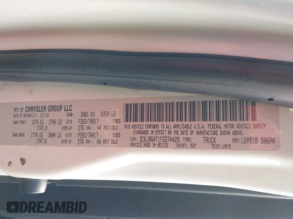 2015 Ram 1500 Tradesman with VIN 3C6JR6AT1FG574429, listed as a IAAI auction lot 42034590 with 242,093 mi miles and . Bid and sale history available at DreamBid. Image 9.