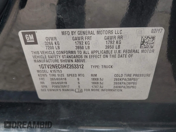 2017 GMC Sierra 1500 SLT z VIN 1GTV2NEC6HZ263312, wystawiony jako IAAI lot #42261269 z przebiegiem 164 282 mil mil oraz . Historia ofert i sprzedaży dostępna na DreamBid. Obrazek 9.