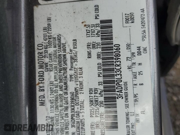 2012 Ford Fusion Hybrid with VIN 3FADP0L33CR398060, listed as a Copart auction lot 65532975 with 124,780 mi miles and Salvage title. Bid and sale history available at DreamBid. Image 12.