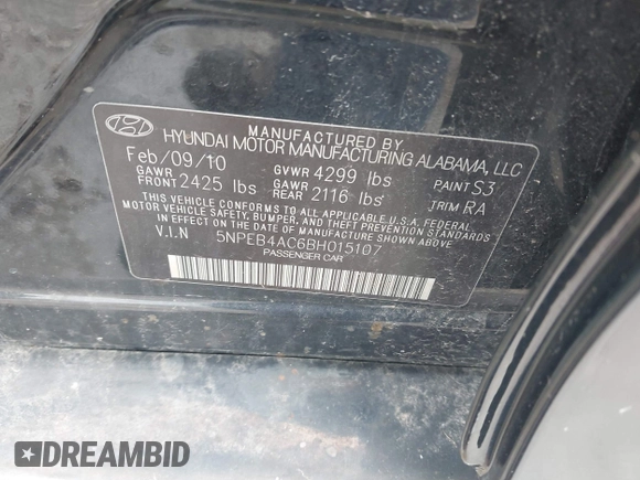 2011 Hyundai Sonata GLS with VIN 5NPEB4AC6BH015107, listed as a IAAI auction lot 42119637 with 321,079 mi miles. Bid and sale history available at carsss.com. Image 9.