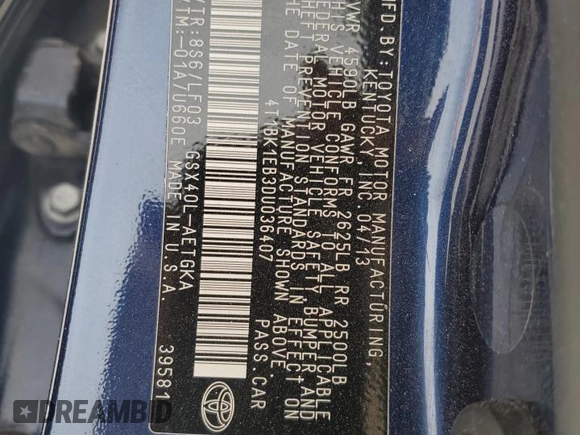 2013 Toyota Avalon XLE with VIN 4T1BK1EB3DU036407, listed as a Copart auction lot 53277725 with 190,961 mi miles and Salvage Title. Bid and sale history available at DreamBid. Image 13.