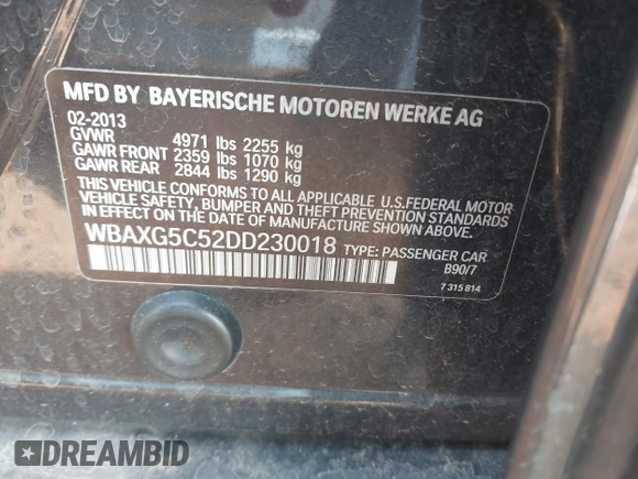 2013 BMW 5 Series 528i with VIN WBAXG5C52DD230018, listed as a IAAI auction lot 41726652 with 85,481 mi miles and . Bid and sale history available at carsss.com. Image 9.