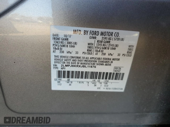 2018 Lincoln MKX Select with VIN 2LMPJ8KRXJBL11876, listed as a Copart auction lot 80688624 with 109,684 mi miles and Salvage Title. Bid and sale history available at carsss.com. Image 13.