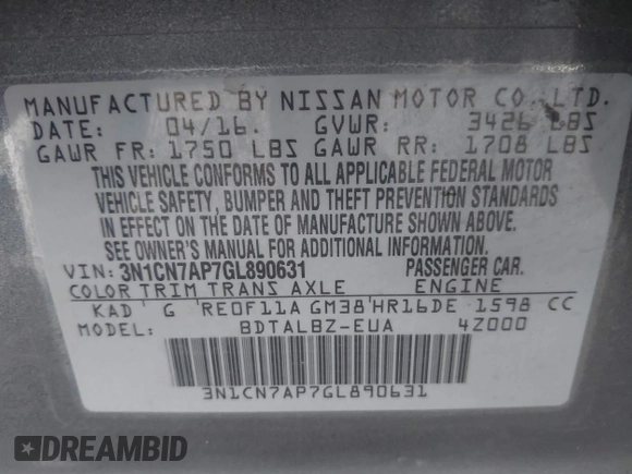 2016 Nissan Versa S with VIN 3N1CN7AP7GL890631, listed as a IAAI auction lot 42786524 with 188,713 mi miles and . Bid and sale history available at DreamBid. Image 9.