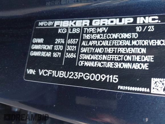 2023 Fisker Ocean Ultra z VIN VCF1UBU23PG009115, wystawiony jako IAAI lot #41532344 z przebiegiem Nie podano mil oraz . Historia ofert i sprzedaży dostępna na DreamBid. Obrazek 9.