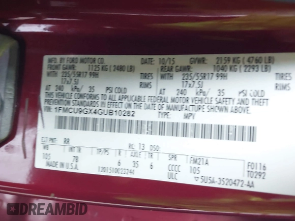 2016 Ford Escape SE с VIN 1FMCU9GX4GUB10282, выставлен на аукционе IAAI как лот 42335883 с пробегом 126 248 миль миль и . История ставок и продаж доступна на DreamBid. Изображение 9.
