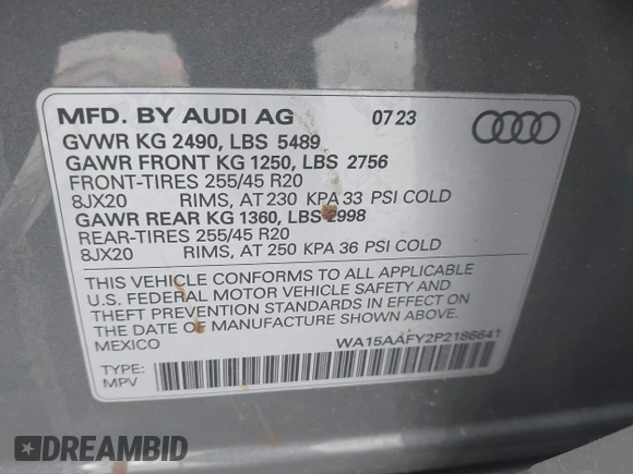 2023 Audi Q5 Sportback S line Premium Plus with VIN WA15AAFY2P2186641, listed as a IAAI auction lot 42111269 with 33,705 mi miles and . Bid and sale history available at DreamBid. Image 9.