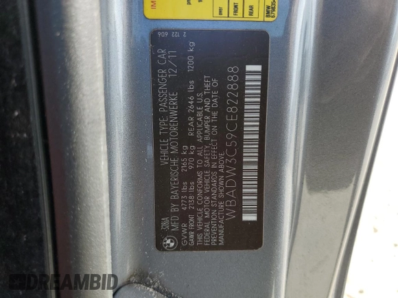 2012 BMW 3 Series 328i with VIN WBADW3C59CE822888, listed as a Copart auction lot 47790945 with Not provided miles and Clean title. Bid and sale history available at DreamBid. Image 12.