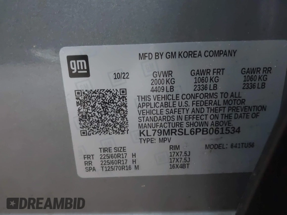 2023 Chevrolet TrailBlazer LT with VIN KL79MRSL6PB061534, listed as a IAAI auction lot 41458006 with 29,095 mi miles and . Bid and sale history available at DreamBid. Image 9.