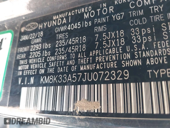 2018 Hyundai Kona Limited with VIN KM8K33A57JU072329, listed as a IAAI auction lot 41694616 with 107,801 mi miles. Bid and sale history available at carsss.com. Image 9.