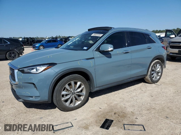2022 Infiniti QX50 LUXE with VIN 3PCAJ5BA6NF122374, listed as a Copart auction lot 46030365 with 25,287 mi miles and Salvage Title. Bid and sale history available at carsss.com. Image 1.