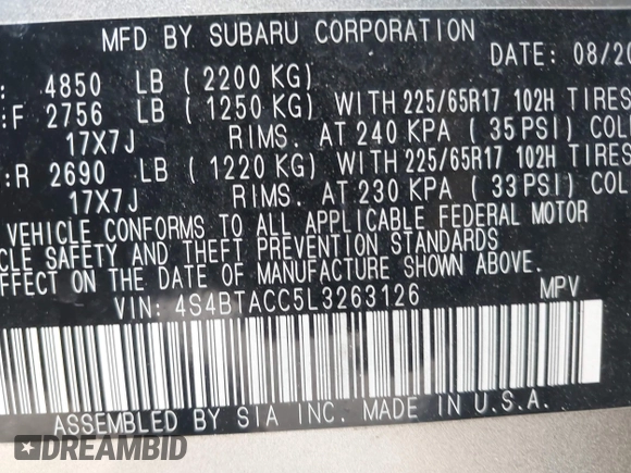 2020 Subaru Outback Premium с VIN 4S4BTACC5L3263126, выставлен на аукционе IAAI как лот 42279777 с пробегом 27 752 миль миль и . История ставок и продаж доступна на DreamBid. Изображение 9.