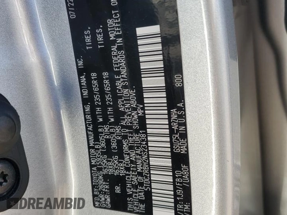 2022 Toyota Highlander L z VIN 5TDCZRBH2NS234381, wystawiony jako Copart lot #48407625 z przebiegiem 45 260 mil mil oraz Szkoda całkowita • Salvage title. Historia ofert i sprzedaży dostępna na DreamBid. Obrazek 14.