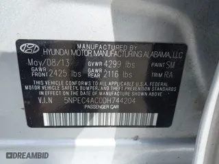 2013 Hyundai Sonata SE with VIN 5NPEC4AC0DH744204, listed as a IAAI auction lot 41791192 with 199,276 mi miles. Bid and sale history available at carsss.com. Image 9.
