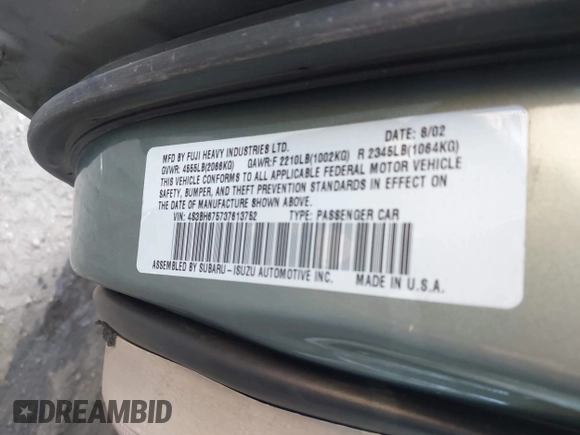 2003 Subaru Legacy Outback with VIN 4S3BH675737613752, listed as a IAAI auction lot 42239355 with 179,164 mi miles and . Bid and sale history available at DreamBid. Image 9.