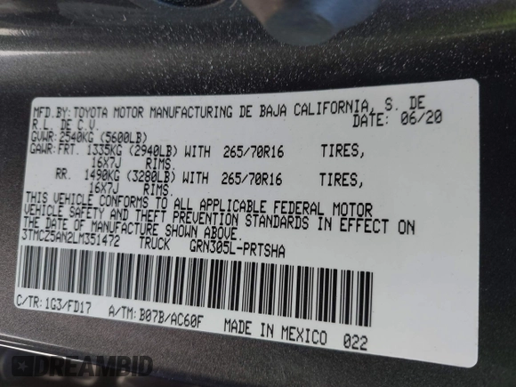 2020 Toyota Tacoma SR5 with VIN 3TMCZ5AN2LM351472, listed as a IAAI auction lot 41621286 with 48,402 mi miles and . Bid and sale history available at DreamBid. Image 9.