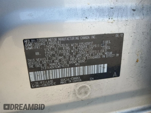 2012 Toyota RAV4 Limited с VIN 2T3YK4DV1CW016279, выставлен на аукционе Copart как лот 52565425 с пробегом Не указан миль и Чистый • Clean title. История ставок и продаж доступна на DreamBid. Изображение 12.