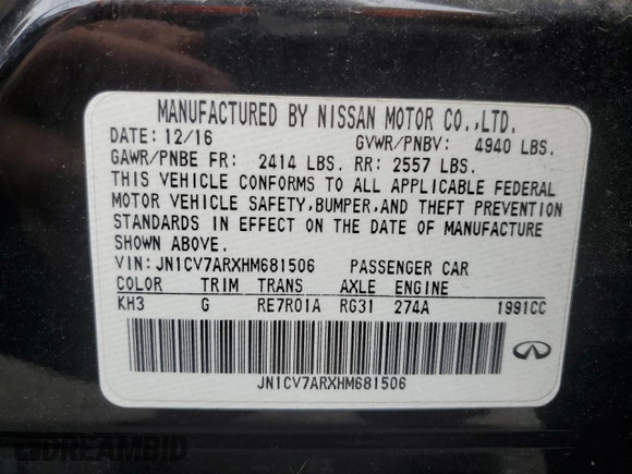 2017 Infiniti Q50 2.0t Sport with VIN JN1CV7ARXHM681506, listed as a Copart auction lot 66861994 with 97,493 mi miles and Salvage Title. Bid and sale history available at carsss.com. Image 12.