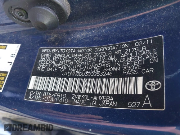 2011 Toyota Prius I with VIN JTDKN3DU3B0283246, listed as a IAAI auction lot 42218471 with 228,072 mi miles and . Bid and sale history available at DreamBid. Image 9.