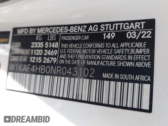 2022 Mercedes-Benz C 300 with VIN W1KAF4HB0NR043102, listed as a IAAI auction lot 42002594 with 31,612 mi miles and . Bid and sale history available at DreamBid. Image 9.
