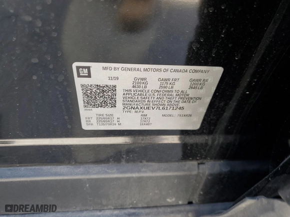 2020 Chevrolet Equinox LT with VIN 2GNAXUEV7L6171245, listed as a Copart auction lot 51435795 with 69,172 mi miles and Salvage Title. Bid and sale history available at carsss.com. Image 15.