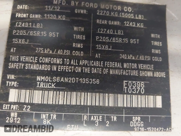 2013 Ford Transit Connect XL with VIN NM0LS6AN2DT135356, listed as a IAAI auction lot 42530258 with 5 mi miles and . Bid and sale history available at DreamBid. Image 9.