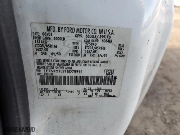 2001 Ford Super Duty F-250 XL with VIN 1FTNF21L91ED78914, listed as a Copart auction lot 47451195 with 179,377 mi miles and Salvage Title. Bid and sale history available at carsss.com. Image 12.