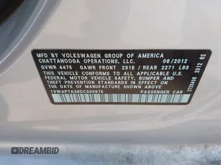 2013 Volkswagen Passat Wolfsburg Edition with VIN 1VWAP7A36DC000975, listed as a IAAI auction lot 42432637 with 109,431 mi miles and . Bid and sale history available at DreamBid. Image 9.