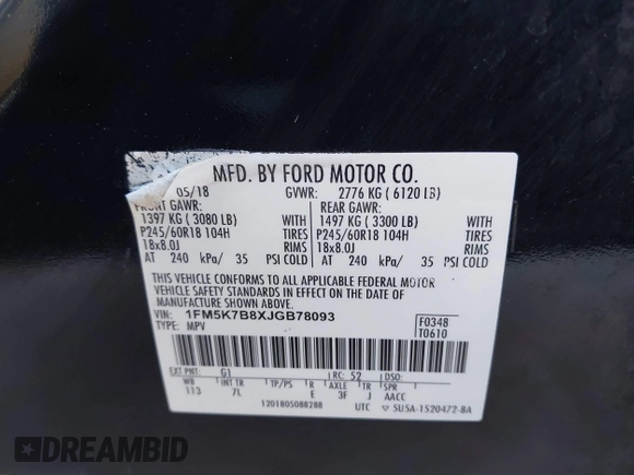 2018 Ford Explorer with VIN 1FM5K7B8XJGB78093, listed as a IAAI auction lot 41642043 with 95,311 mi miles and . Bid and sale history available at DreamBid. Image 9.