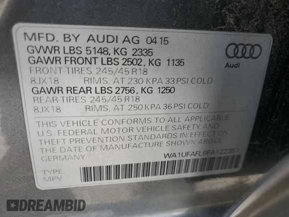 2015 Audi allroad Premium Plus with VIN WA1UFAFL6FA122351, listed as a Copart auction lot 47829805 with 69,301 mi miles and Salvage Title. Bid and sale history available at carsss.com. Image 12.