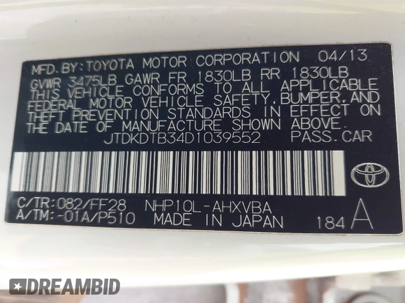 2013 Toyota Prius One z VIN JTDKDTB34D1039552, wystawiony jako IAAI lot #41993490 z przebiegiem 133 728 mil mil oraz . Historia ofert i sprzedaży dostępna na DreamBid. Obrazek 9.