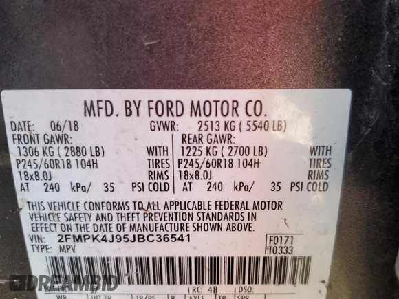 2018 Ford Edge SEL with VIN 2FMPK4J95JBC36541, listed as a Copart auction lot 48957375 with 92,933 mi miles and Clean Title. Bid and sale history available at DreamBid. Image 16.