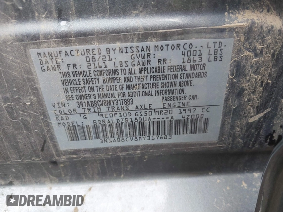 2021 Nissan Sentra SV with VIN 3N1AB8CV8MY317883, listed as a IAAI auction lot 39277863 with 80,703 mi miles. Bid and sale history available at carsss.com. Image 9.
