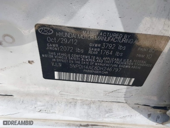 2013 Hyundai Elantra GLS PZEV with VIN 5NPDH4AE8DH246797, listed as a IAAI auction lot 41451702 with 172,500 mi miles. Bid and sale history available at carsss.com. Image 9.