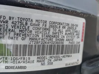 2000 Toyota Camry LE z VIN JT2BF22K4Y0236656, wystawiony jako IAAI lot #42476539 z przebiegiem 210 773 mil mil oraz . Historia ofert i sprzedaży dostępna na DreamBid. Obrazek 9.